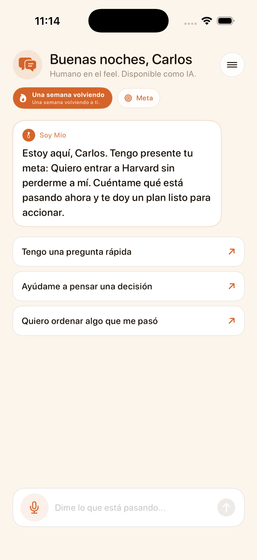 Pantalla principal de chat de Soy Mío con contexto, metas y recordatorios