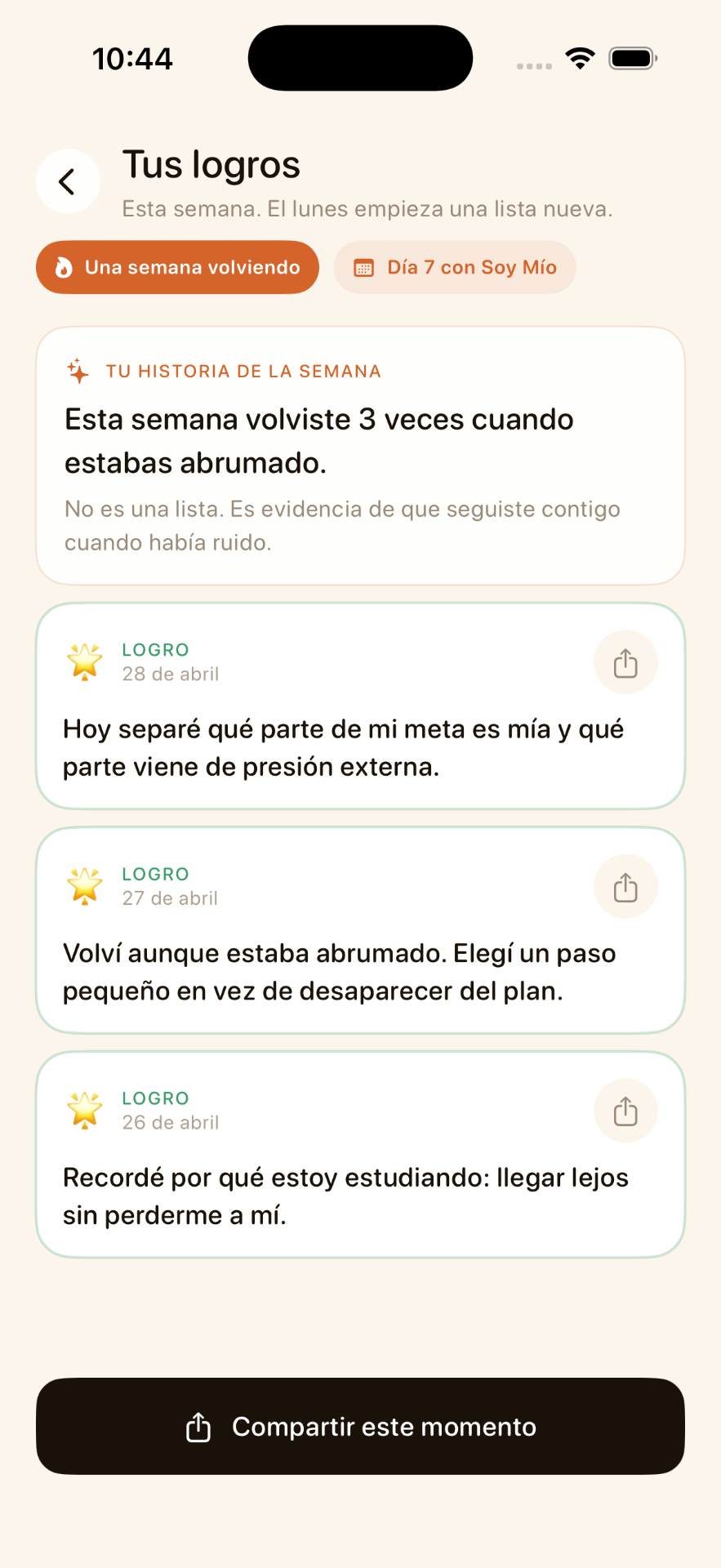 Logros guardados con fecha y contexto